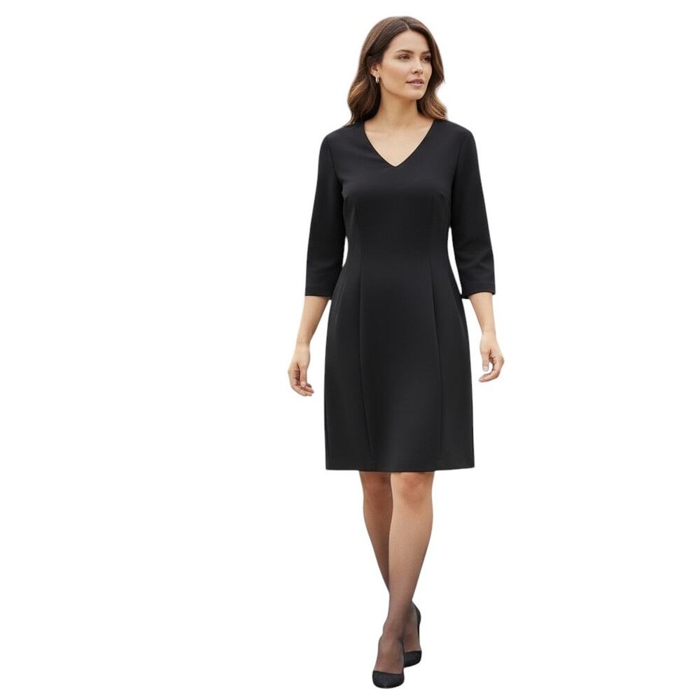 Josie Natori Black Scuba Crepe V-Neck 3/4 Sleeve Mini Sheath Dress 10